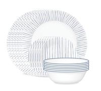 Corelle Vitrelle - Juego de vajilla de 18 piezas, servicio para 6, platos y cuencos redondos ligeros, vidrio de triple capa, resistente a astillas, apto para microondas y lavavajillas, rayas náuticas,