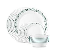 Corelle Vitrelle - Juego de vajilla de vidrio de 18 piezas, servicio para 6, juego de platos y cuencos de vidrio de triple capa resistentes a astillas y grietas, verde flor de primavera