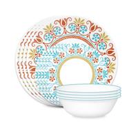 Corelle Vitrelle - Juego de vajilla redonda de 12 piezas, servicio para 6, platos y cuencos redondos ligeros, vidrio de triple capa, resistente a astillas y arañazos, apto para microondas y