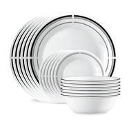Corelle Vitrelle - Juego de vajilla redonda de 18 piezas, servicio para 6, platos y cuencos redondos ligeros, vidrio de triple capa, resistente a astillas y arañazos, apto para microondas y