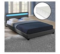 Corium cama de matrimonio paris de cuero sintético - con colchón y led - (140x200cm) - (gris oscuro)