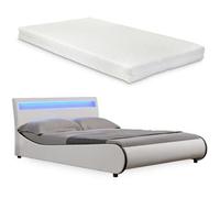 Cama tapizada LED 'Valencia' con colchón - 180 x 200 cm - Blanco, tapizada en cuero sintético - con somier y iluminación RGB