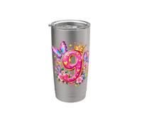 Corona de 9º cumpleaños princesa mariposas y flores rosas Vaso térmico de acero inoxidable de doble pared