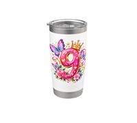 Corona de 9º cumpleaños princesa mariposas y flores rosas Vaso térmico de acero inoxidable de doble pared