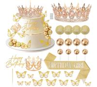 Corona de diamantes dorados para decoración de tartas, 29 unidades, decoración con Happy Birthday Cake Topper para princesas Queen, decoraciones de boda, decoración 3D de flash mariposa con velas y