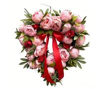 Corona de flores artificiales con peonías en estilo primaveral para colgar en la puerta con diseño en forma de corazón y construcción de ratán para decoración del hogar