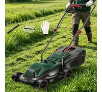 Cortacésped eléctrico, 160 cc, ancho de corte de 32 cm, cortadora de césped a presión con 3 ajustes de altura de corte, 4000 rpm, ideal para uso residencial en patio y jardín