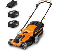 Cortacésped eléctrico Lawnmaster de 24V, con batería de 2x4.0Ah, anchura de corte de 37cm, ideal para superficies de hasta 300m², con función de mulching y depósito de 40L. Altura de corte ajustable e
