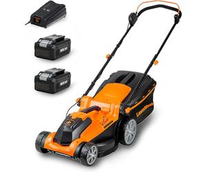 Cortacésped eléctrico Lawnmaster de 24V, con batería de 2x4.0Ah, anchura de corte de 37cm, ideal para superficies de hasta 300m², con función de mulching y depósito de 40L. Altura de corte ajustable e