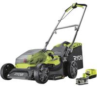 Cortacésped eléctrico RYOBI 18V ONE+ sin escobillas, con un ancho de corte de 37 cm, función de mulching, batería de 5.0 Ah, modelo RY18LMX37A-150