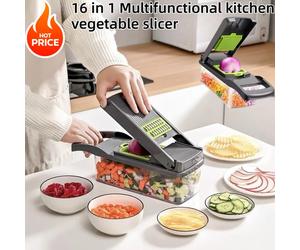 Cortador de Verduras Multifuncional 16 en 1, Rebanador, Picador y Rallador Manual, Herramienta de Cocina con Recipiente y Protector de Seguridad 16 in 1