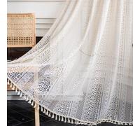 Cortina de algodón Ibenzoa® con estilo vintage bohemio, con borlas, tejida a ganchillo/punto, juego de 2 unidades, 150 x 160 cm, color beige. Calidad ligera y libre de químicos, ideal para salones y d