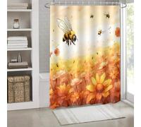 Cortina de Ducha Abejas Flores Naranjas Cortina Baño Antimoho Impermeable Tela Poliéster Lavable para Familia Hotel Dormitorios Decoración Cortinas de Baño Bañera (120x180cm)
