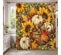 Cortina de ducha de girasoles y calabazas, 137 x 198 cm | Diseño de cesta tejida, calabazas blancas, palitos de canela, estilo granja, tonos terrosos, actualización de temporada para