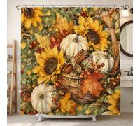 Cortina de ducha de girasoles y calabazas, 183 x 183 cm | Diseño de cesta tejida, calabazas blancas, palitos de canela, estilo granja, tonos terrosos, actualización de temporada para