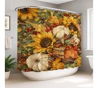 Cortina de ducha de girasoles y calabazas de cosecha otoñal, 274 x 183 cm | Diseño de cesta tejida, calabazas blancas, palitos de canela, estilo granja, tonos terrosos, actualización de temporada para