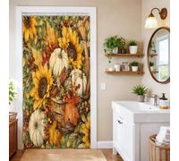 Cortina de ducha de girasoles y calabazas de cosecha otoñal, 91,4 x 183 cm | Diseño de cesta tejida, calabazas blancas, palitos de canela, estilo granja, tonos terrosos, actualización de temporada para