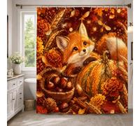 Cortina de ducha de zorros y calabazas otoñales de 137 x 198 cm | Calabazas de cosecha, arte animal del bosque, cesta rústica de castaño, colores cálidos de temporada