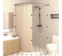 Cortina de ducha plegable impermeable con textura de lino, magnética, con barra de ducha, separación en seco y húmedo para vestuario de baño (X [70-85] * Y [85-90] plateado + beige)