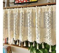 Cortina de encaje tejida Unyqoos® con flecos, cortina corta de 45x150 cm, color beige, 75% algodón/25% poliéster, 1 unidad. Ideal para estilo rústico en cocina/salón, para barras de máx. 3 cm de diáme