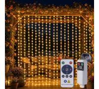Cortina de Luces LED 3x3m, 300 LED Luz Blanco Cálido con Mando a Distancia | Batería Recargable 800mAh, 8 Modos, Temporización, Ganchos Giratorios 360°, para Dormitorio Boda Fiesta Interior Exterior