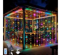 Cortina De Luces Solares Para Exteriores 300 LEDs, 3M x 3M Luces Navidad Exterior, 8 Modos, Control Remoto, Cortinas Brillantes Colgantes Para DíA San ValentíN, Habitacion, Jardín, Multicolor