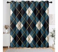 Cortina opaca azul para salón 140 x 225 cm, rejilla geométrica retro impresión cortinas térmicas aislantes, poliéster antifrío, juego de 2 cortinas de ventana para dormitorio de niños, decoración de