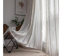 Cortinas bohemias bordadas a rayas de 84 pulgadas, juego de 2 paneles de lino blanco filtrante de luz para sala de estar, dobladillo para cortinero (52 pulgadas x 84