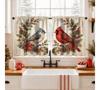 Cortinas de cocina con temática de cardenales y piñas, 66 x 76 cm | Piñas y bayas de acebo, estilo rústico de granja, amantes de la naturaleza, ventana del fregadero de cocina