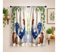 Cortinas de cocina estilo rústico con gallo francés de 106.7 x 114.3 cm | Patrón de azulejos azules y blancos, vides de hiedra arrastradas, estilo rústico francés, ventana de cocina de granja
