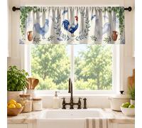 Cortinas de cocina estilo rústico con gallo francés de 52 x 18 pulgadas | Patrón de azulejos azules y blancos, vides de hiedra arrastradas, estilo rústico francés, ventana de cocina de granja