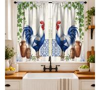 Cortinas de cocina estilo rústico con gallo francés de 66 x 91 cm | Patrón de azulejos azules y blancos, vides de hiedra arrastradas, estilo rústico francés, ventana de cocina de granja