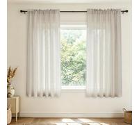 Cortinas de lino beige para ventanas pequeñas de 114 cm de largo, 2 paneles con bolsillo para barra, aspecto de algodón, cortas, ligeras, elegantes, clásicas, para cocina, baño, sótano, decoración