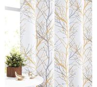 Cortinas opacas Unyqoos® con diseño de ramas, juego de 2, 245 x 129 cm, color blanco con detalles en azul, amarillo, morado y gris, protección contra la luz del 95%, ojales plateados de 4 cm de diámet