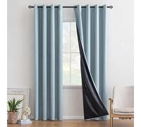 Cortinas opacas Unyqoos® (segundo juego), 100% bloquean la luz, ofrecen privacidad, con ojales – poliéster, 140 x 245 cm, azul claro, protección UV, parte trasera repelente al agua, fáciles de limpiar