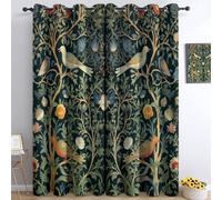 Cortinas Salon Modernas Verde Oscuro Multicolor Cortina Translucidas Estilo William Morris con pájaros y Flores 3D con Ojales, Visillos Cortos para Dormitorio 107An x 160Al cm (2 Paneles)