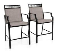 COSTWAY 2 Sillas Altas Textilene, Sillas Altas para Barra con Respaldo y Reposabrazos, Estructura Metálica, Taburete de Bar Cocina Jardin Terraza Exterior, 66 x 62 x 114 cm, Carga 180kg (café)