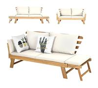COSTWAY 3 en 1 Sofa Cama de Jardín, Banco de Jardín de 2 Plazas Convertible con 2 Almohadas y Cojin Extraible y Lavable, Reposabrazos Ajustables, Sofa Jardin de Madera Acacia para Patio, Máx 320 kg