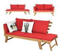 COSTWAY 3 en 1 Sofa Cama de Jardín, Banco de Jardín de 2 Plazas Convertible con 2 Almohadas y Cojin Extraible y Lavable, Reposabrazos Ajustables, Sofa Jardin de Madera Acacia para Patio, Máx 320 kg