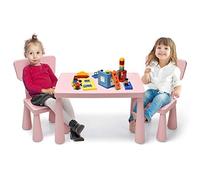 COSTWAY 3 Piezas. Mesa Infantil con 2 sillas, Grupo de Asientos Infantiles, Muebles Infantiles de plástico, Mantel Individual para guardería y habitación Infantil (Rosa)