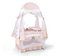 COSTWAY 4 en 1 Cuna Portátil, Moisés Convertible con Cambiador Desmontable, Cama Cuna Plegable con Red Desmontable y Ruedas Bloqueables, Caja de Música y Juguetes Giratorios,Bolsa de Transporte (Rosa)