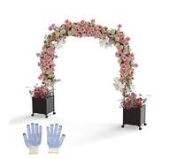COSTWAY Arco de Jardín de 202 cm con 2 Cajas de Plantas, Pérgola Exterior para Plantas Trepadoras con Sistema de Autoriego, Agujeros de Drenaje y Ruedas Bloqueables, Pérgola Decorativa Metálica