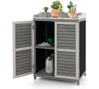 COSTWAY, armario de jardín de madera, armario de almacenamiento para jardín, armario de madera con placa de metal y 2 estantes de almacenamiento, y puertas enrollables. Armario para herramientas, cobe
