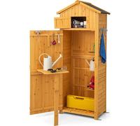 COSTWAY, armario de jardín de madera, cobertizo para exteriores con puertas con cerradura, mesa plegable, 8 ganchos y 3 estantes. Armario para herramientas, cobertizo de jardín, armario para equipos, 