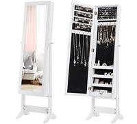 COSTWAY Armario para Joyas de Pie con Inclinación Ajustable con Espejo Joyero con con 64 Ranuras para Pendientes, 20 Ganchos para Collares,72 Ranuras para Anillos,4 Estantes (blanco)