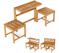 COSTWAY Banco de Exterior Convertible, Banco de Madera de Acacia Multifuncional 3 en 1, Conjunto de Mesa y Sillas con Asientos de Listones, Estante de Plantas de 2 Niveles para Patio Terraza Jardín