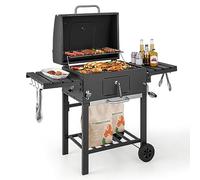 COSTWAY Barbacoa Carbon XXL, Barbacoa Portatil 128 x 54x 117 cm, Tapa, Termómetro, 2 Mesas Laterales Plegables, 8 Ganchos, 2 Ruedas y Abridor de Botellas