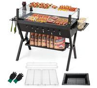 COSTWAY Barbacoa Carbón y Leña con Parrillas, Acero Inoxidable, Barbacoa Carbon con Protector Contra Viento, Estantes para Condimentos y de Almacenamiento, con Guantes
