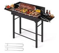 COSTWAY Barbacoa de Carbón, Rejilla de Altura Regulable, 120 x 32,5 x 90 cm | 2 Mesas Laterales, Espeto Giratorio, Protector Antiviento, Parrilla Barbacoa Rectangular para Camping, Picinic BBQ