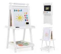 COSTWAY Caballete Plegable para Niños 3 en 1, Pizarra Infantil de Doble Cara, Pizarra Blanca y Magnética, 3 Alturas Ajustables, Rollo de Papel Reemplazable, 3 Vasos, Bandejas (Blanco)